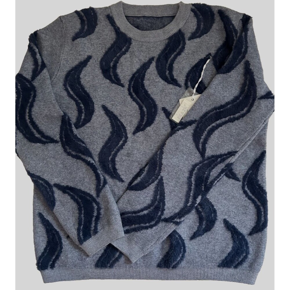 Womens XL Blue Fuzzy Print Sweater Cashmere Blend Long Sleeve Pullover Casual